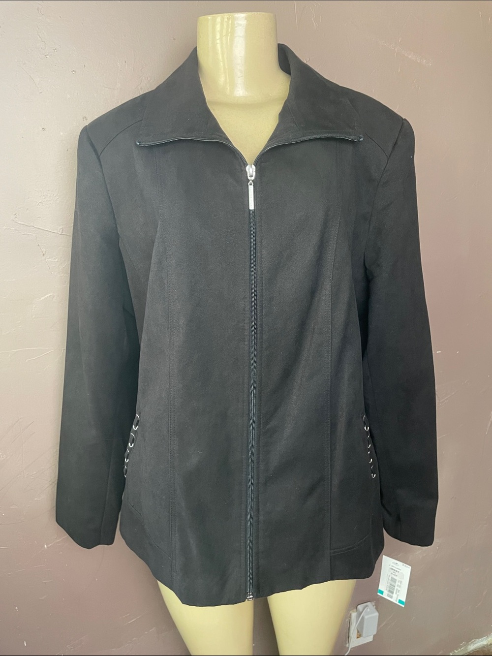 Allison Daley Black Zip-Front Utility Jacket with Side Eyelet Detail pockets
